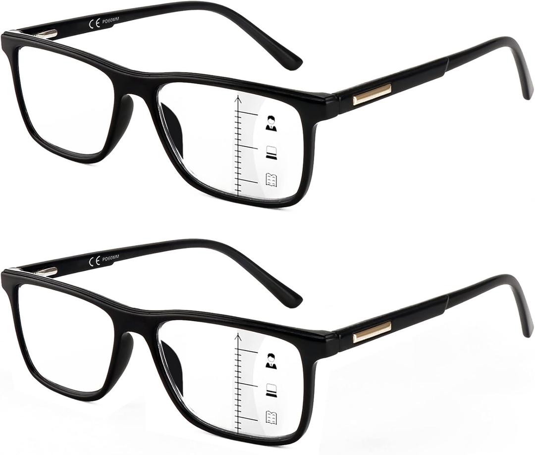 Missfive 2 Pack Multifocus Progressive Reading Glasses - Blue Light Blocking Anti UV/Eye Strain, Multifocal Computer Readers Spring Hinge No Line_for Mid-Near Range approx 3ft Vision, 2.0 (Classic Style, Lens Top is Not 0 / 2 Glossy Black)