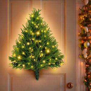 2FT Wall Hanging Christmas Tree with Led Lights, Pre lit Norfolk Pine Artificial Flat Wall Christmas Tree for Apartment, Cat Owners Xmas Decor