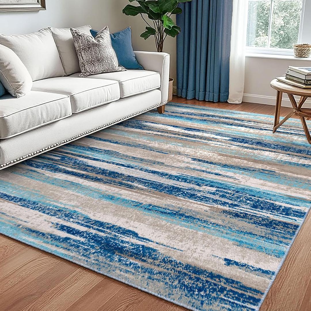 Modern Abstract 5x7 Machine Washable Area Rug Non-Slip Soft Bedroom Living Romm Rug Blue Ultra Thin Print Faux Wool Floor Carpet Throw Rugs for Nursery Playroom Dining Room Indoor Office (Blue Aqua/Beige Taupe Multi)