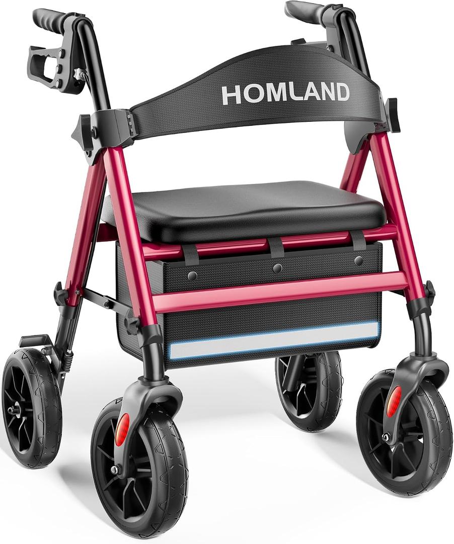 HOMLAND Rollator Walker for Seniors with Seat, Foldable Lightweight Aluminum Rolling Walker with 8" All-Terrain Wheels, Adjustable Height, Storage Bag & Hand Brakes, Ergonomic Indoor Outdoor Aid