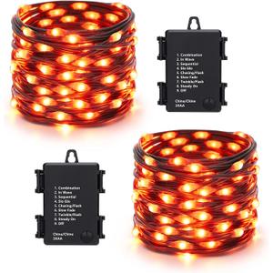 Brizled Orange Halloween Lights, 2 Pack 17.38ft 50 LED Halloween Lights, 8 Modes Halloween String Lights with Timer, Waterproof Orange Lights Black Wire Battery Operated for Indoor Outdoor Decorations