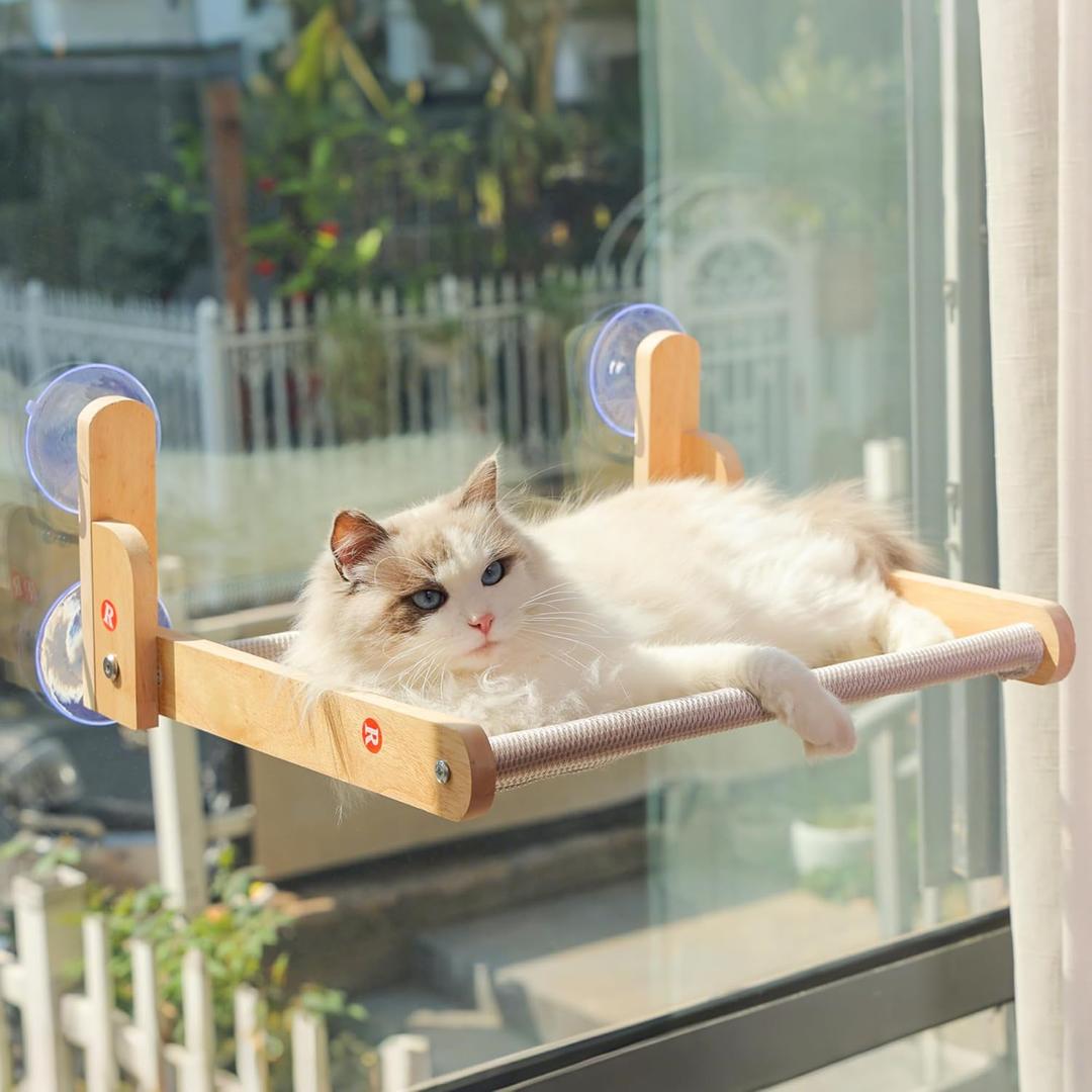 Cat Window Perch with Wooden Frame  Aloxina Foldable Cat Hammock Bed for Indoor Cats, Breathable Sandwich Mesh Cover, Strong Suction Cups, No Drilling, Supports Large Cats