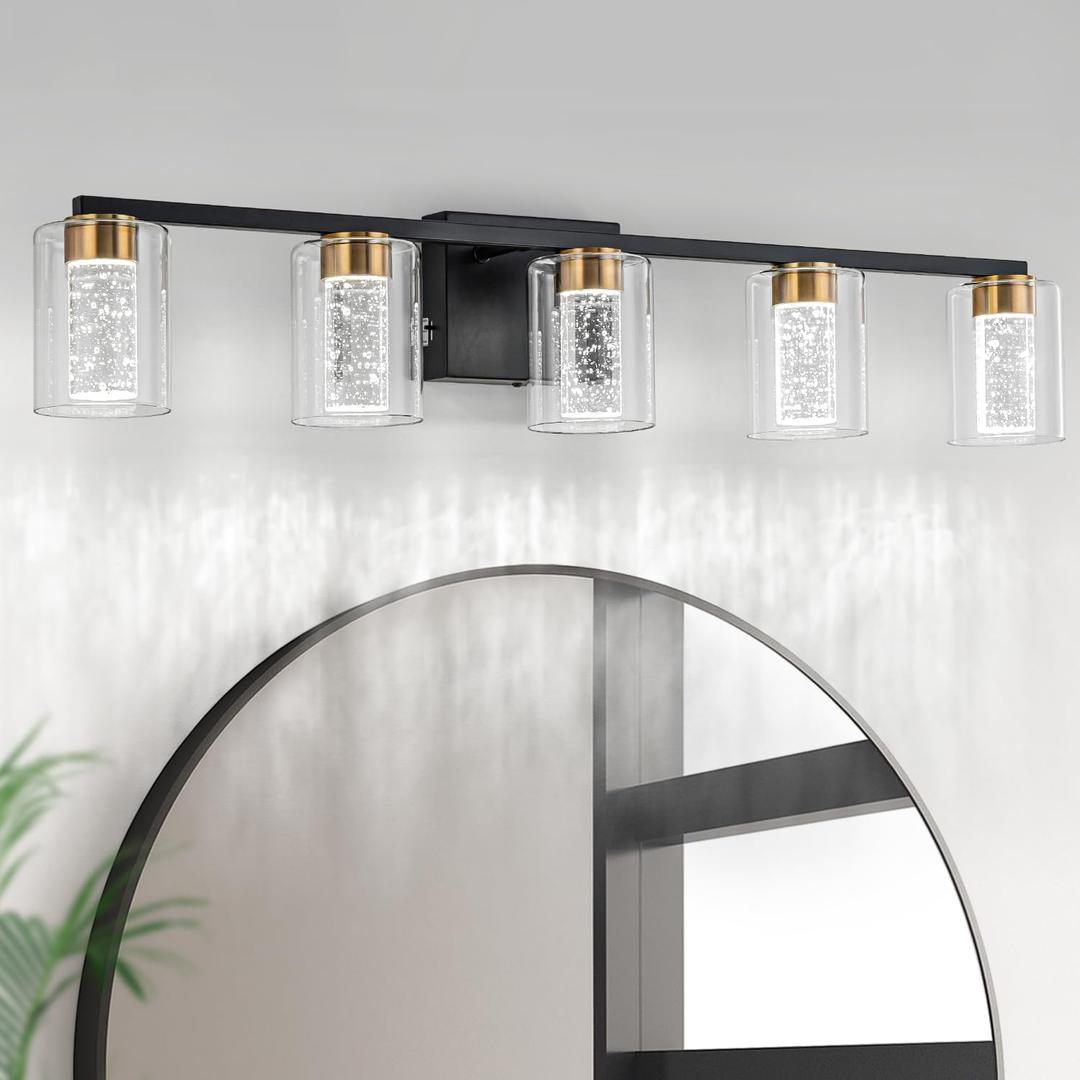 SineRise 5-Light Black and Gold Vanity Light with 3 Color Modes (3000K/4000K/6000K), Eye Protection LED Bathroom Light Fixture, Dimmable Modern Wall Light Over Mirror with Clear Glass Shade