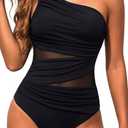 Aqua Eve Women Mesh One Piece Swimsuit - Tummy Control One Shoulder Bathing Suit Cut Out Swimwear 2025 Black Large