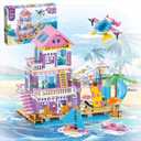 955 Piece Beach House Building Set,Seaside Beach Villa Building Toys Friends Vacation Hut Blocks Set,STEM BuildingToys with Helicopter,Yacht,Sailboat,Christmas Birthday Gift for Girl Age 6-12+