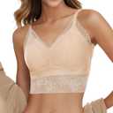 Lace Bralettes for Women Comfortable Slik Padded Seamless Wireless Bras (Beige, L)