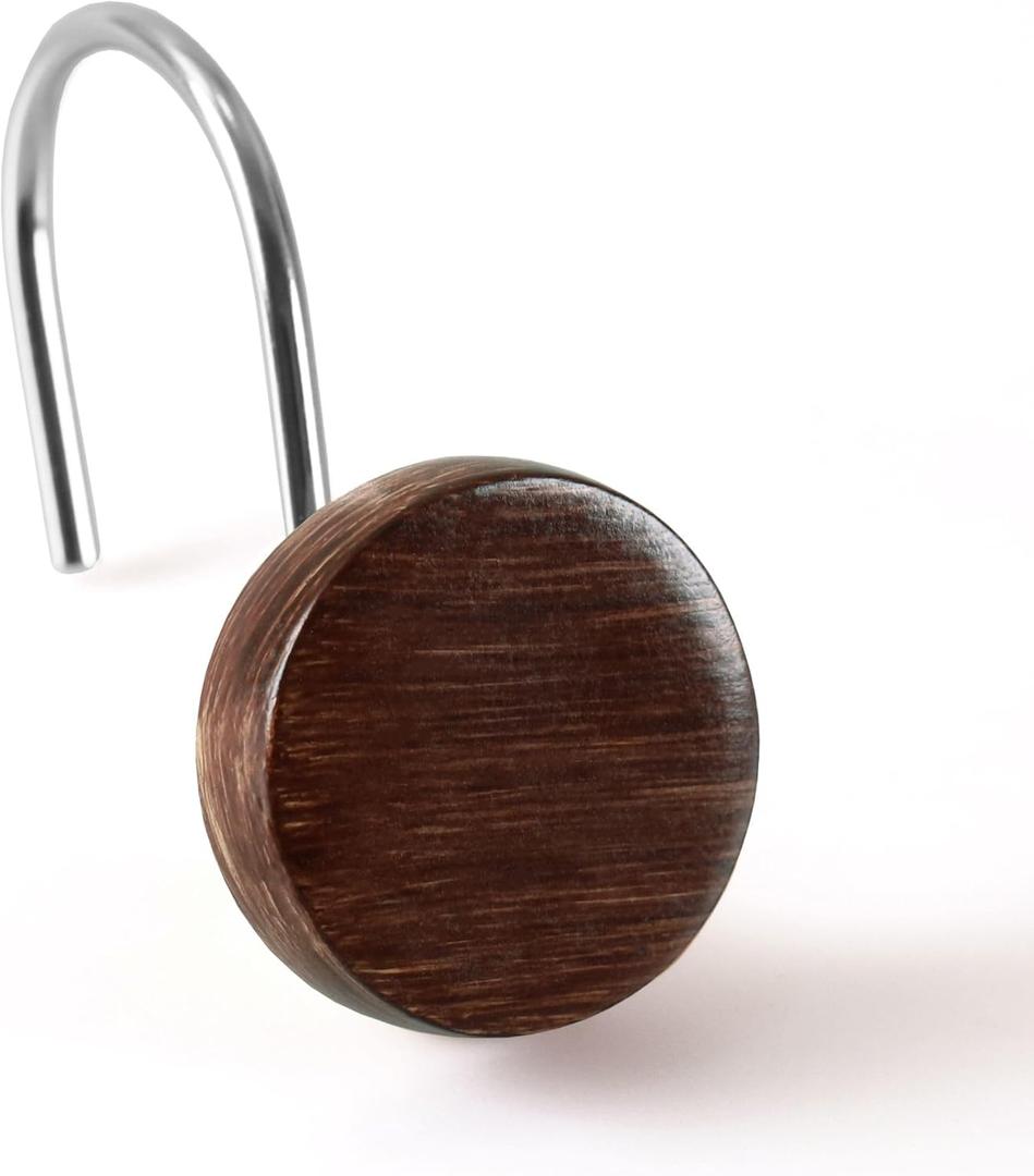 Farmhouse Boho Shower Curtain Hooks: Rustic Wood Textured Resin Button Hooks Stainless Steel Rings - Decorative Fall Winter Christmas Bathroom Accessories for Western Vintage & Nature-Inspired Dcor