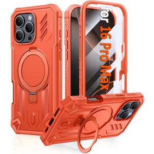 FNTCASE for iPhone 16 Pro-Max Case: Magnetic Phone Cases with [Ring Kickstand] [Built-in Screen Protector] [Heavy Duty Military Grade Protection] Shockproof Full Body Protective Hard Cases Orange