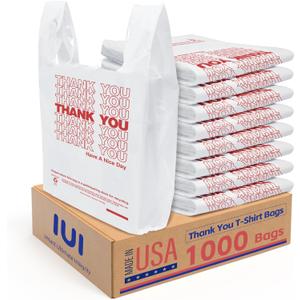 Thank You Plastic Bags1000 Count White With Handle 4 Gallon (11.5" x 6.5" x 21"), T-shirt Trash Bags Liner For Grocery, Shopping, Small Business, Restaurants (Made In USA)