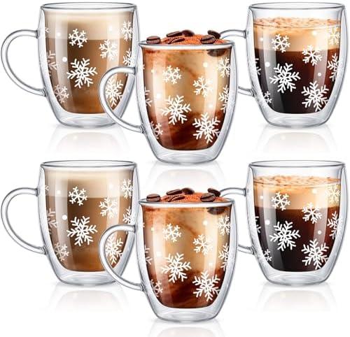 Sliner 6 Pack Christmas Snowflake Double Wall Glass Coffee Mugs with Handle 12 oz Clear Insulated Glasses Cups Winter Holiday Mugs for Cappuccino Latte Espresso Tea Bag Beverage Hot Chocolate