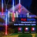 JMEXSUSS Red White and Blue Solar Lights, 8 Tube 144 LEDs Patriotic Solar Meteor Shower Lights Waterproof for Independence Day, Gardens, Tree, Outdoor 4th of July Decorations