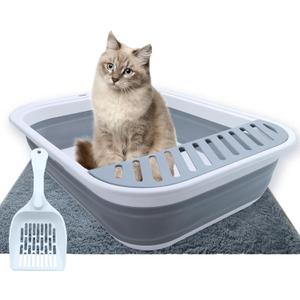 Collapsible Small Cat Litter Box,Open Top Cats Litter Pan with Scoop Waterproof & Foldable Kitten Potty Toilet Anti-Splashing Low Entry Kitty Travel Litter Tray Semi-Enclosed Easy Clean(Gray)