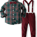 Kimocat Toddler Boy Clothing Sets Plaid Shirt Bowtie and Suspender Strap Pants Outfits (12-18 Months)