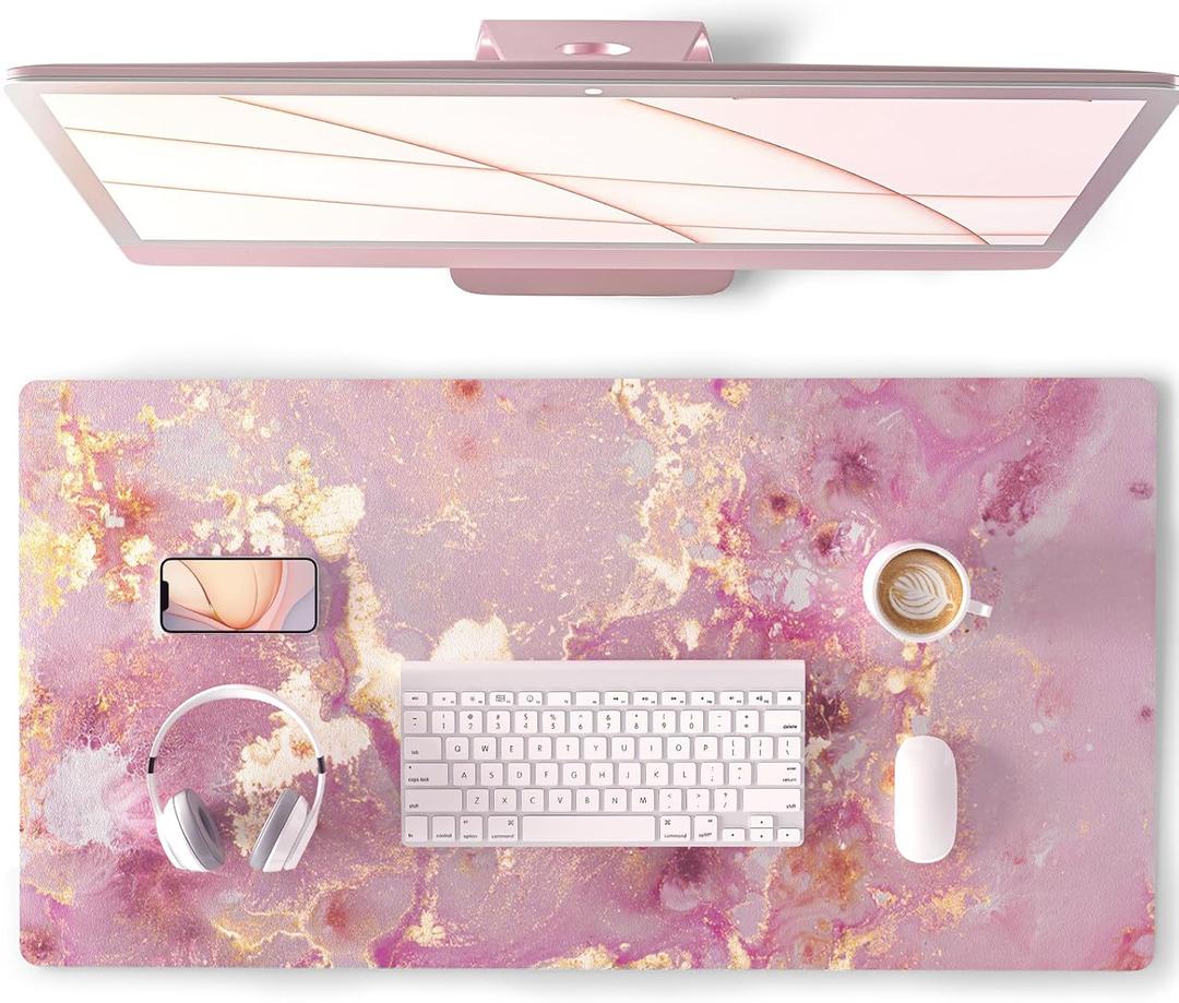 QIYI Large Mouse Pad, Cute Pink Desk Mat for Desktop, Women Girls PU Leather Waterproof Gaming, Rose Gold Marble Computer PC Laptop Protector Writing Pads for School Office Home 31.5" x 15.7" (Pink Gold Marble)