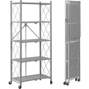 BRIAN & DANY 5-Tier Foldable Storage Shelves with Wheels, Folding Metal Rack Shelving Unit, Heavy Duty No Assembly Organizer Shelf for Garage, Kitchen, Basement, Pantry, Gray