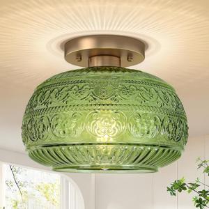 Semi Flush Mount Ceiling Light Fixture, 11" Vintage Gold Hallway Lights Fixture Ceiling with Green Glass for Kitchen, Hallway, Bathroom and Entry Way,Compatible with E26 Light Bulb