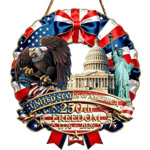 2 x 250th Anniversary Patriotic Wooden Door Sign, Double-Layer Front Door Decor, 1776-2026 American Independence Day Wreath with Statue of Liberty & Eagle, United States of America Red White Blue Decor for 4th of July Memorial Day (DOOR SIGN 2)