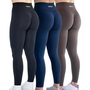 AUROLA Workout Leggings for Women Seamless Scrunch Tights Tummy Control Gym Fitness Girl Sport Active Yoga Pants (Large, Pack(black/Tuxedo Blue/Chestnut Brown))