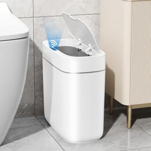 JUDRDO Small Trash Can for Bathroom, 3.5 Gallon Automatic Touchless Trash Can with Lid, Motion Sensor Slim Garbage Can Waterproof Trash Bin Waste Basket for Bedroom, Kitchen (White)