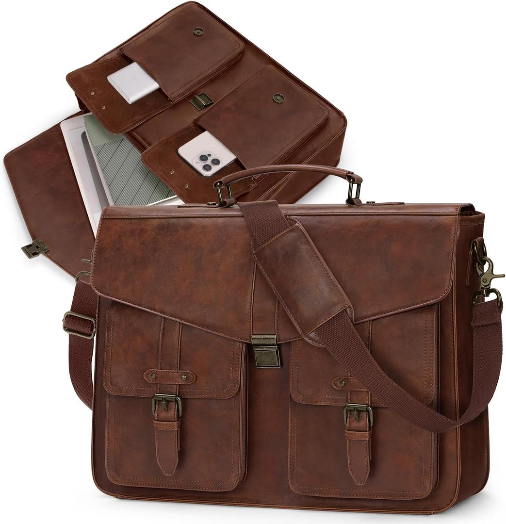 RAINSMORE 17.3 Inch Men's Messenger Bag, PU Leather Laptop Briefcase for Work, Office & Business Travel, Spacious Satchel Bag