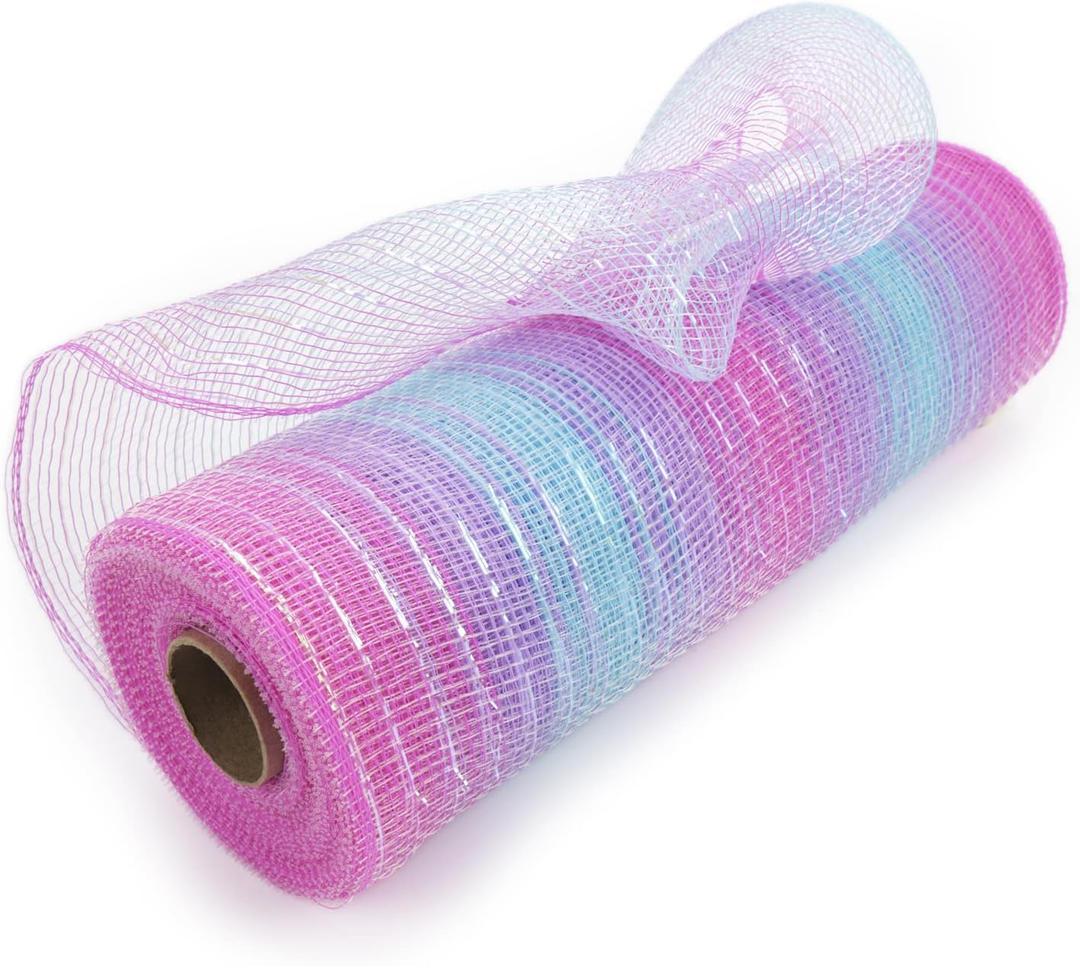UnionJoy Decorative Mesh Ribbon 10 Inch x 30 Feet(10Yard), Pink & Blue Stripes Poly Mesh Ribbons with Metallic Foil Use for Wreaths Swags,Valentines Day and Christmas Decoration, Party Craft