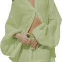Fixmatti Women 2 Piece Outfits Summer Shorts Sets Lantern Sleeve Button Down Shirt and Shorts Sweatsuit (Light Green)