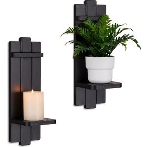 Candle Sconces Black Wall Decor Set of 2 - Wood Wall Candle Holders Set of Two for Small Vase Pillar Candles Tealight - Gothic Distressed Decor for Halloween