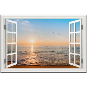 Beach Wall Art Pictures White Fake Window Frame Style Sunset Painting Seascape Artwork Ocean Birds Theme Prints on Canvas Blue Coastal Landscape for Living Room Bedroom Bathroom Home Office Decor24x36inch