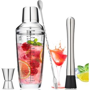 Tiawudi 23oz Glass Cocktail Shaker Set, 4PCS Bartender Kit, Martini Mixer Shaker with Built-in Strainer, Measuring Jigger, Cocktail Muddler & Mixing Spoon, Bar Tool Set for Bartender and Home Use (23 oz, Silver)