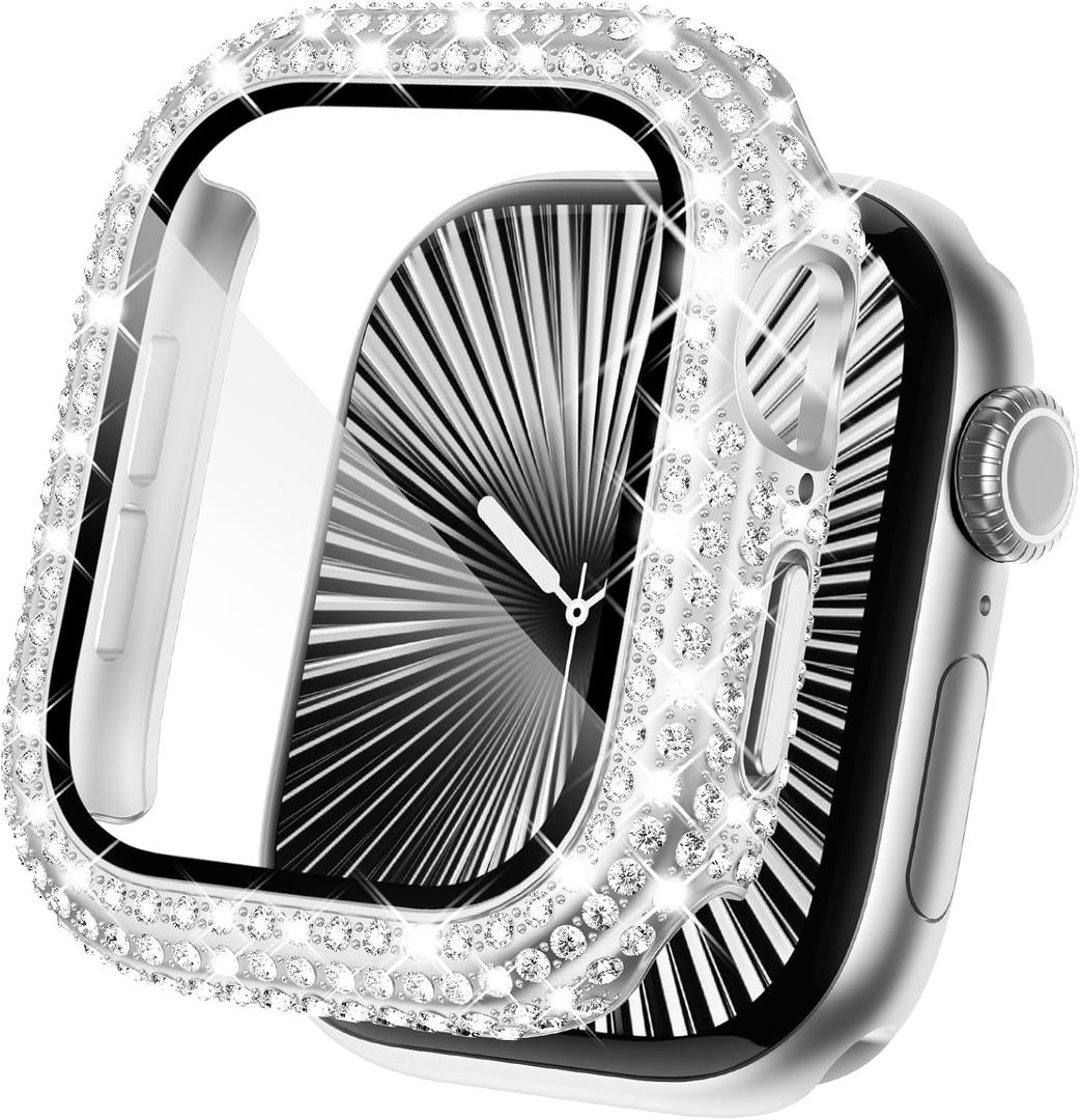 KADES Compatible with Apple Watch Series 11 10 42mm, Bling Full Diamond Rhinestone Protective Case with Built-in Screen Protector, Sparkling iWatch Protective Bumper Cover, Silver