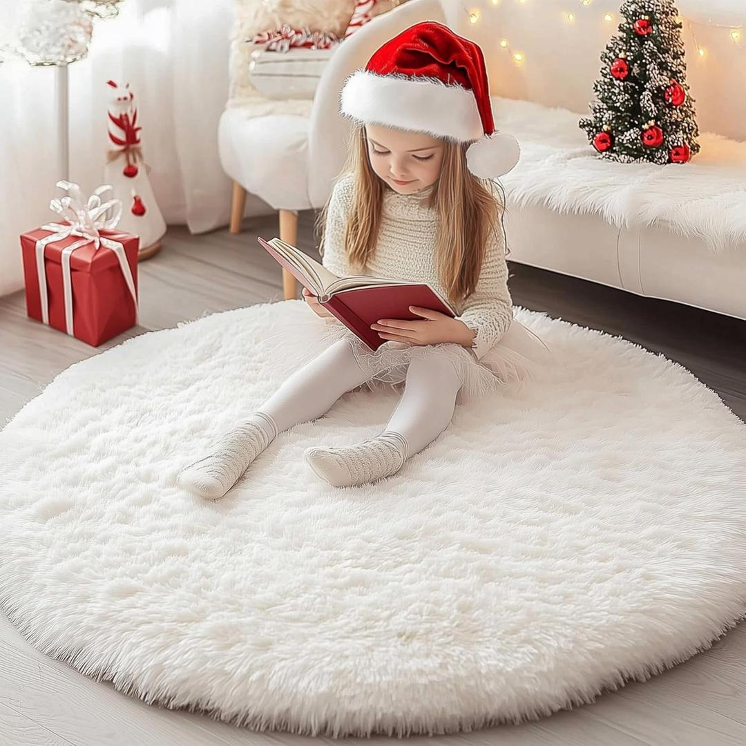 Xexsin Round Fluffy Rugs 3Ft for Girls Bedroom, Cream White Shag Circle Kids Rug Non-Slip for Bedside Dorm Nursery Playroom, Soft Cute Area Rugs for Living Room Decor