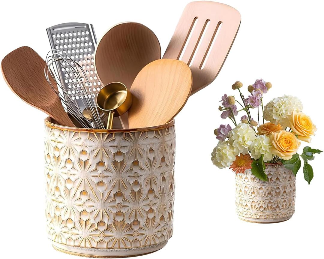 Ceramic Utensil Holder for Kitchen Counter,5.3" Farmhouse Kitchen Utensils Holder for Countertop Handcrafted Cooking Utensil Holder with Elegant Design for Utensil Storage, Flower Vase