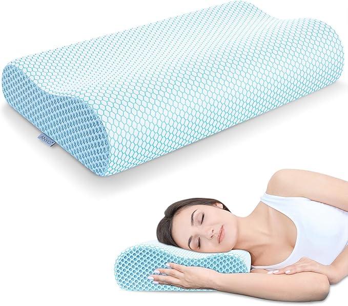 Anvo Memory Foam Pillow, Neck Contour Cervical Orthopedic Bed Pillow for Sleeping Side Back Stomach Sleeper, Ergonomic Design for Neck and Shoulder Pain Relief, White Blue, Soft, 24x13