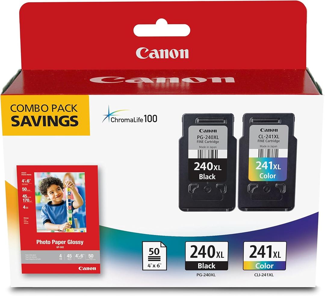 Canon PG-240 XL / CL-241 XL Genuine Ink Value Pack (2 Cartridges) with 50-Sheet Photo Paper, Compatible with MG2120/3120/4120/2220/3220/4220/3520/3620, MX372/392/432/452/472/512/522/532, TS5120