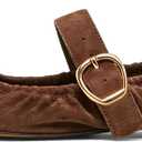 3 x VOLEECE Women's Ruched Ballet Flats Buckle Strap Mary Jane Flat Shoes Slip On Soft Faux Suede Round Toe Comfort Ballerina for Casual Dress (Brown), Sizes 7.5