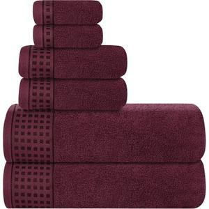 GLAMBURG 100% Cotton Ultra Soft 6 Pack Towel Set, Contains 2 Bath Towels 28x55 Inches, 2 Hand Towels 16x24 Inches & 2 Wash Coths 12x12 Inches, Compact Absorbent Lightweight & Quickdry - Burgundy