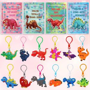 2 x 24 Pack Valentines Day Gifts Cards for Kids Classroom School Valentines Exchange Cards with Dinosaur Keychain for Girls Boys Party Favors Gifts Prizes