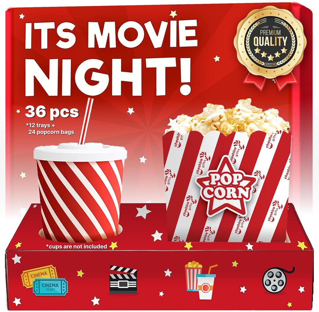 Movie Night Supplies 36 Pcs - Popcorn Bags (24ct) & Movie Night Snack Trays (12ct) - Movie Theater Decor & Popcorn Bowls For Family Movie Night by Cheshire Gifts