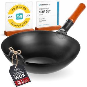 YOSUKATA 13.5" Carbon Steel Wok Pan – Pre-Seasoned Flat Bottom Pow Wok for Stir Fry, BBQ, Grill & Camping – Traditional Japanese Chinese Cookware – Compatible with Induction, Electric, Gas, Open Fire