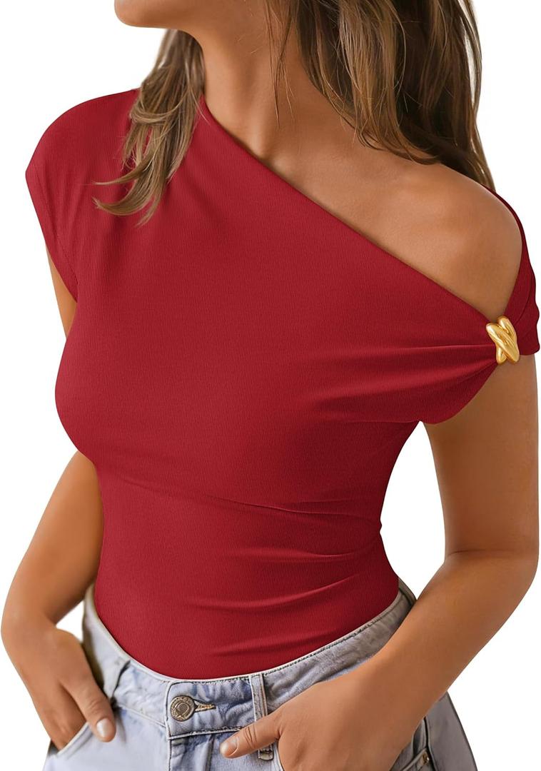 ZESICA Women's 2026 Summer Off Shoulder Tops Going Out Sexy Y2k Shirts Spring Cap Sleeve Ruched Asymmetrical Blouses (Medium, Red)