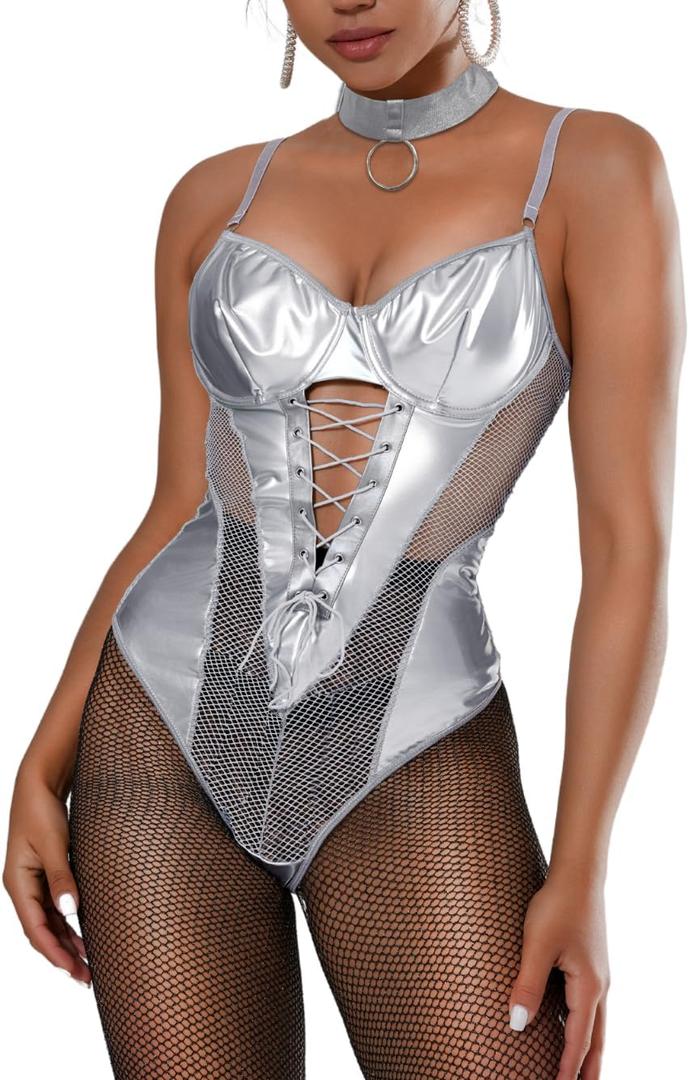 Kaei&Shi Rave Outfits Bodysuit Tops, Fishnet Corset Body Suit, Sexy Lingerie For Women, Faux Leather Festival Goth (12-14, Silver)