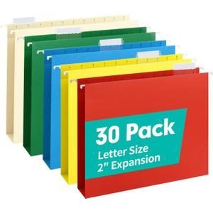 HERKKA Extra Capacity Hanging File Folders, 30 Pack Reinforced Letter Size Hanging Folders with Heavy Duty 2 Inch Expansion, Designed for Bulky Files, Medical Charts, Assorted Colors