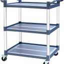 3-Tier Utility Cart With Wheels, Heavy Duty Rolling Restaurant Cart 420lbs, Plastic Bus Cart With Lockable Wheels and Rubber Hammer for Warehouse/Office/Kitchen, Grey