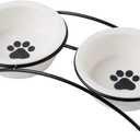 KitchenLeStar Cat & Dog Bowls - Ceramic Elevated Pet Raised Cat Food Bowls, 12 Ounce, Dishwasher Safe (2 Paw Pattern bowls & Black Stand)