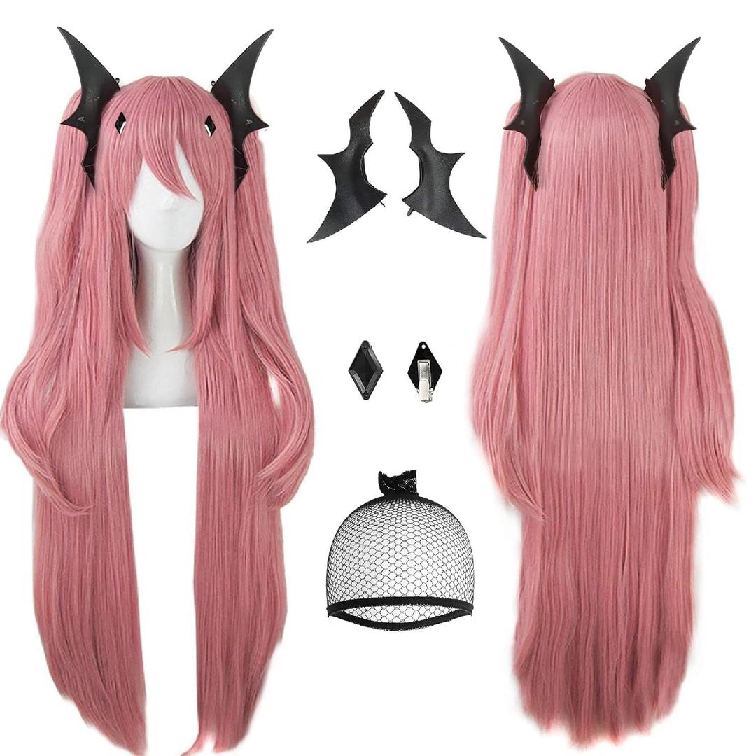 ANOGOL Hair Cap+ 3PCS Set (1 *Headwear) Long Pink Wig Anime Cosplay Hair Clip On Ponytails Pink Synthetic Wig Vampire Cosplay for Women Anime Cartoon Costume Party Halloween Christmas