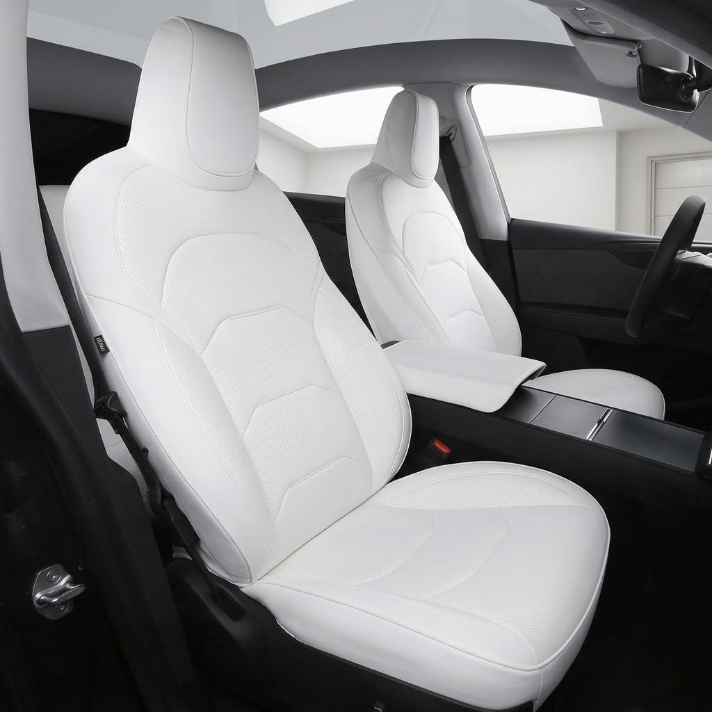 Tesla Model Y Seat Covers 2025 2026 Juniper, Custom Fit Full Coverage Waterproof Nappa Leather Car Seat Cover Set Accessories, Airbag Compatible(White)