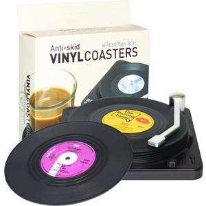 Funny Retro Vinyl Record Coasters for Drinks with Vinyl Record Player Holder for Music Lovers,Set of 6 Conversation Piece Sayings Drink Coaster,Wedding Registry Gift Ideas,Housewarming Hostess Gifts