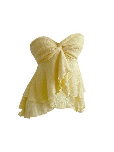 RoseSeek Women's Twist Knot Ruffle Layered Tube Top Sleeveless Strapless Tops Asymmetrical Bandeau Yellow Large