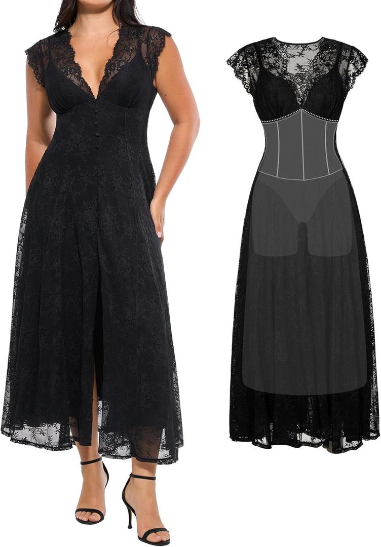 Popilush Women's Lace Formal Cocktail Sleeveless V Neck Maxi Shapewear Dress Wedding Guest Mother of Bride Split Dresses (Black, L)