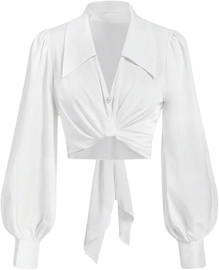 SweatyRocks Women's Button Up Collar Shirt Long Sleeve Wrap Crop Top Blouse self tie wrap crop top,v neck ,twist front,puff sleeve ,business office dressy casual outfits XL
